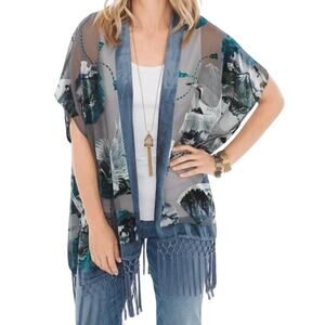 Chicos Womens Crane Ruana
Kimono S/M Open Cardigan Sheer Velvet Gray Blue Fringe